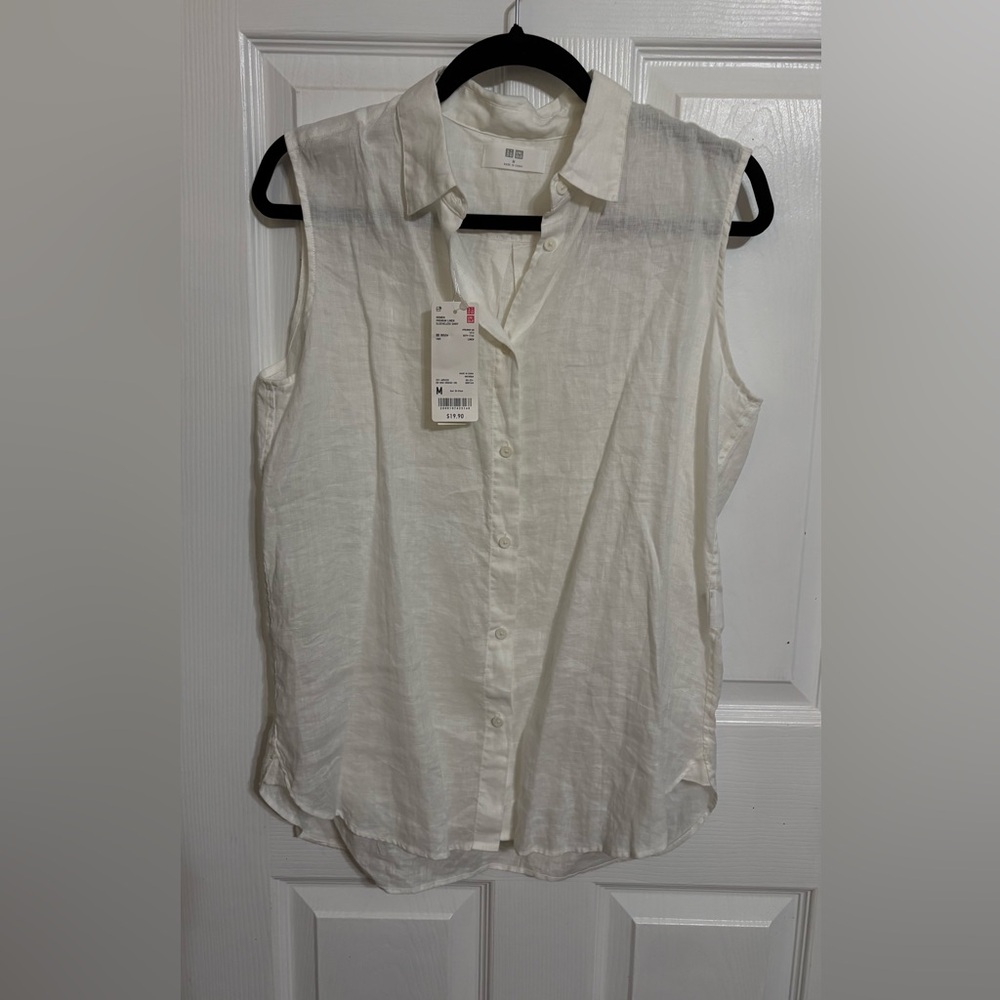 Uniqlo Women's White Sleeveless Linen Button-Down Shirt | NWT